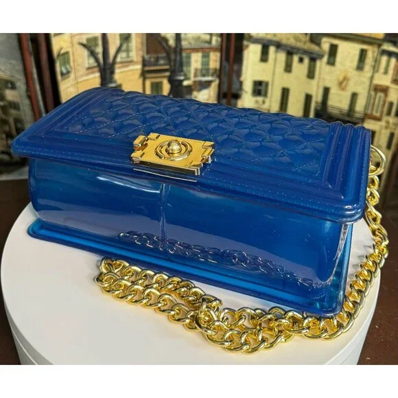 Blue Jelly Shoulder Bag With Chain Strap - Picture 4 of 13